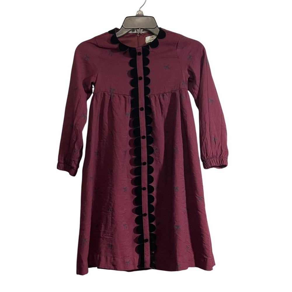 Melange Girls Dress Sz 12 Burgundy Long Sleeve Black Velvet Scalloped Trim
